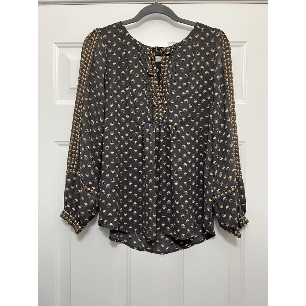 LOFT Blouse Top Medium Petite Flowy Long Sleeve Cottagecore Career Pink Gray‎